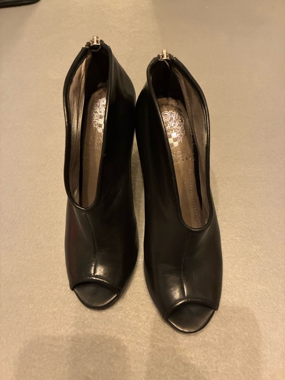 Vince Camuto Soft Genuine Black Leather Peep-Toe Booties
